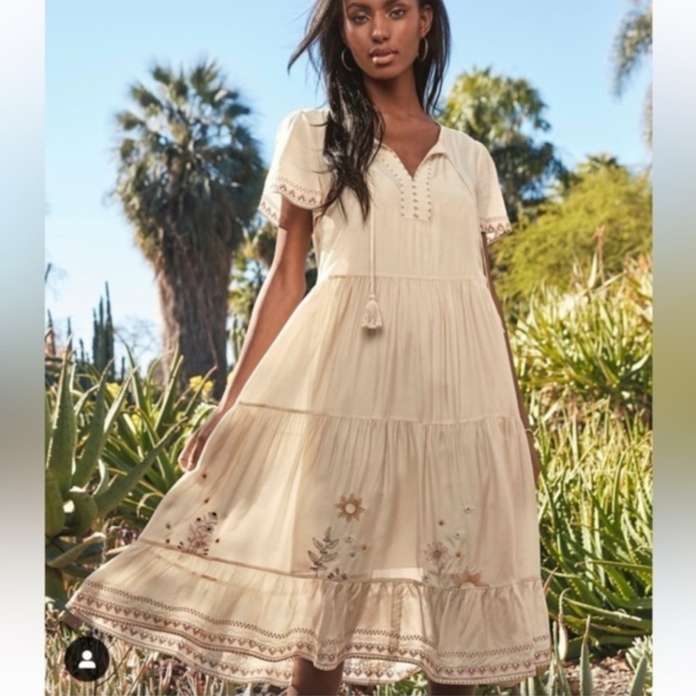 Johnny Was Cream Embroidered Midi Dress